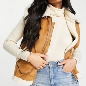VTG-Cognac Golden Brown Suede Leather & Pure Wool Boho Vest Jacket-Size Large